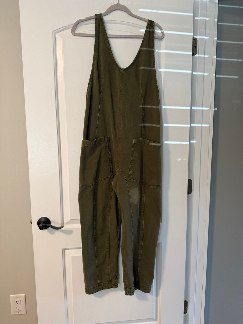 Free People Olive Utility Overalls (bleach stain on front)